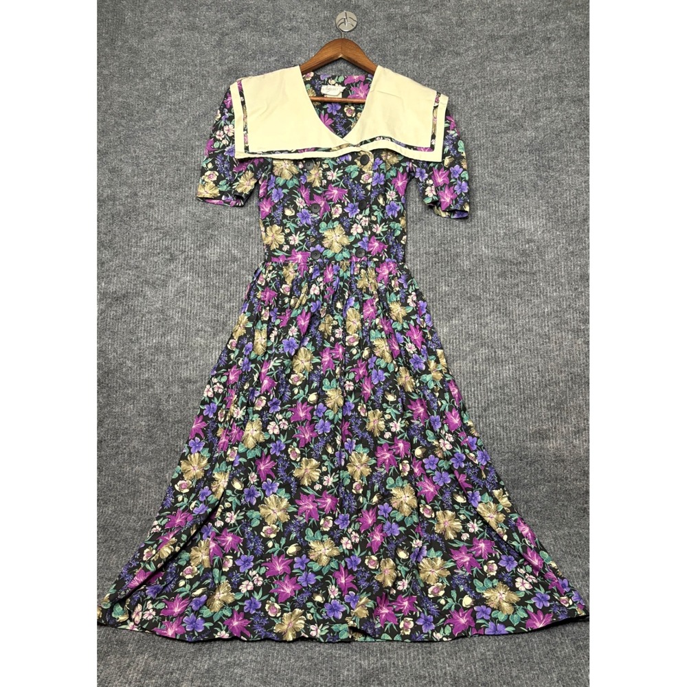 Vintage 90s Floral Sailor Collar Maxi Dress Cottagecore Prairie Floral XS USA